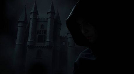 An intense, jet-black depiction of a graceful and elegant thief with refined features infiltrating a heavily guarded castle. 