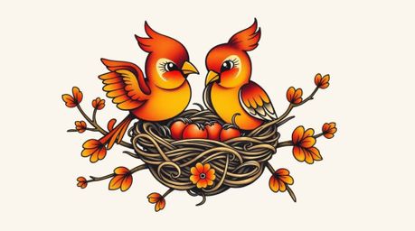 This art print features a charming traditional tattoo design of two cartoon birds diligently building a nest. Rendered in a c