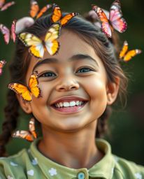 A high-resolution stock photo captures a girl with bright, joyful eyes releasing vibrant butterflies into the air.  The image