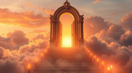 A captivating fantasy realism artwork depicts a heavenly gate gracefully floating above a sea of clouds.  Golden light stream