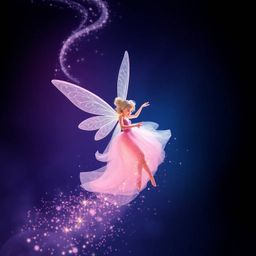 A captivating high-angle shot depicts a fairy godmother gracefully descending in a swirl of sparkling particles. The image s