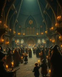 An epic scene unfolds within a magical school brimming with young wizards, bathed in the warm glow of candlelight and rendere