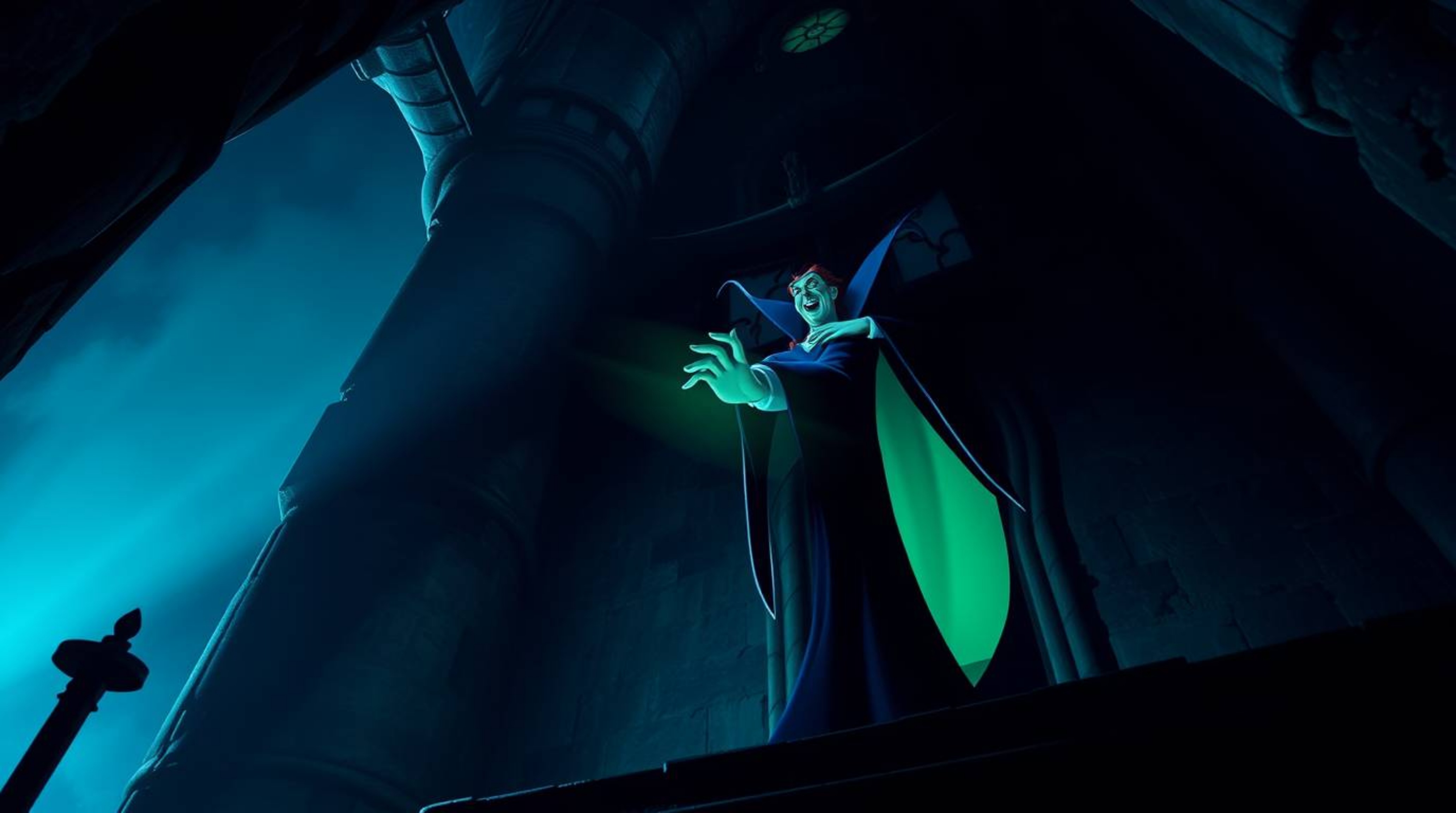 A chilling depiction of a classic Disney villain weaving a spell within the ancient walls of a castle.  The scene is bathed i