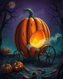 Experience a vibrant and eerie depiction of a magical pumpkin transforming into a carriage, rendered in complementary colors 