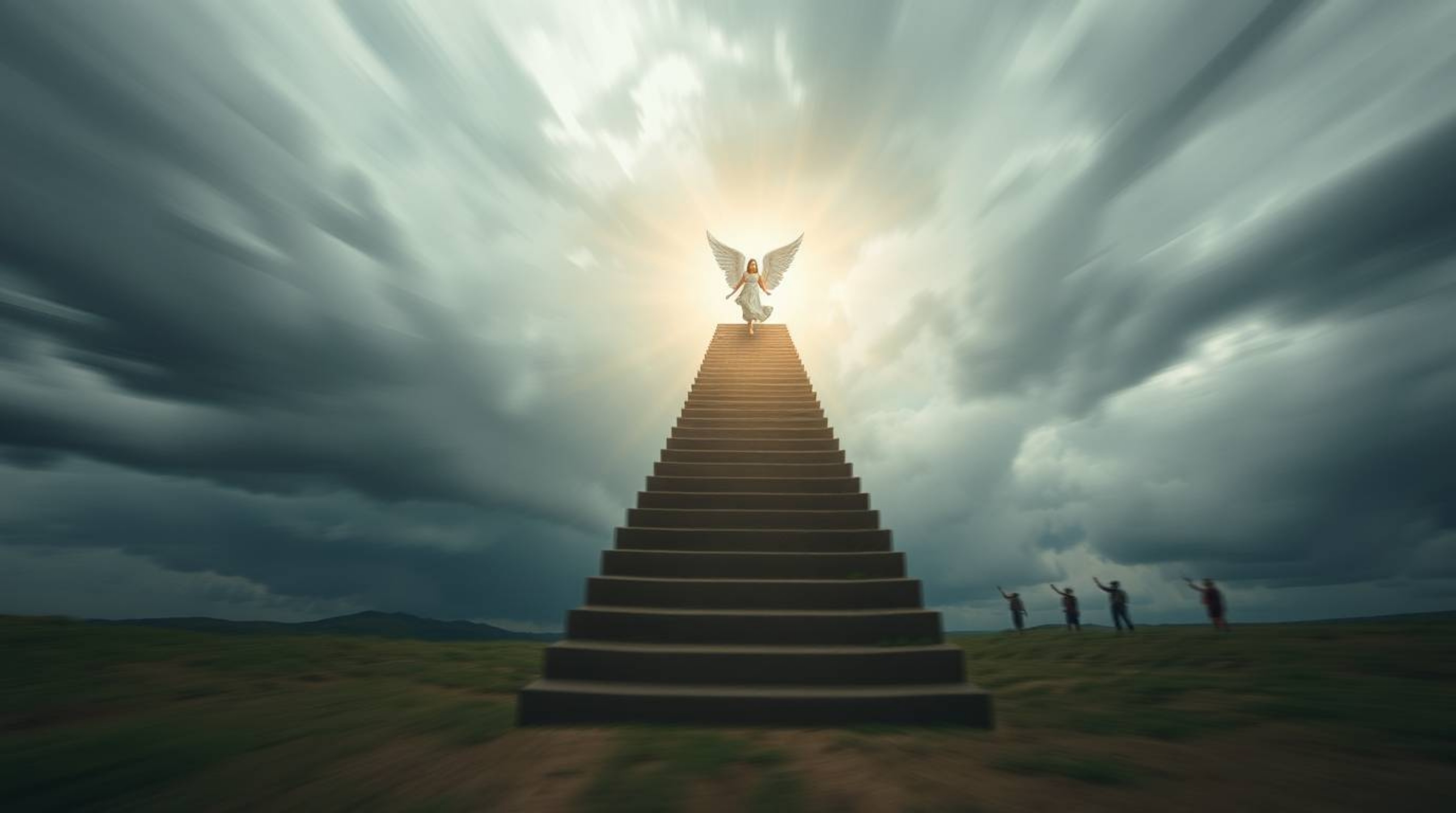 A dynamic motion photograph captures steps of light ascending into a stormy sky, with angelic figures watching from the horiz