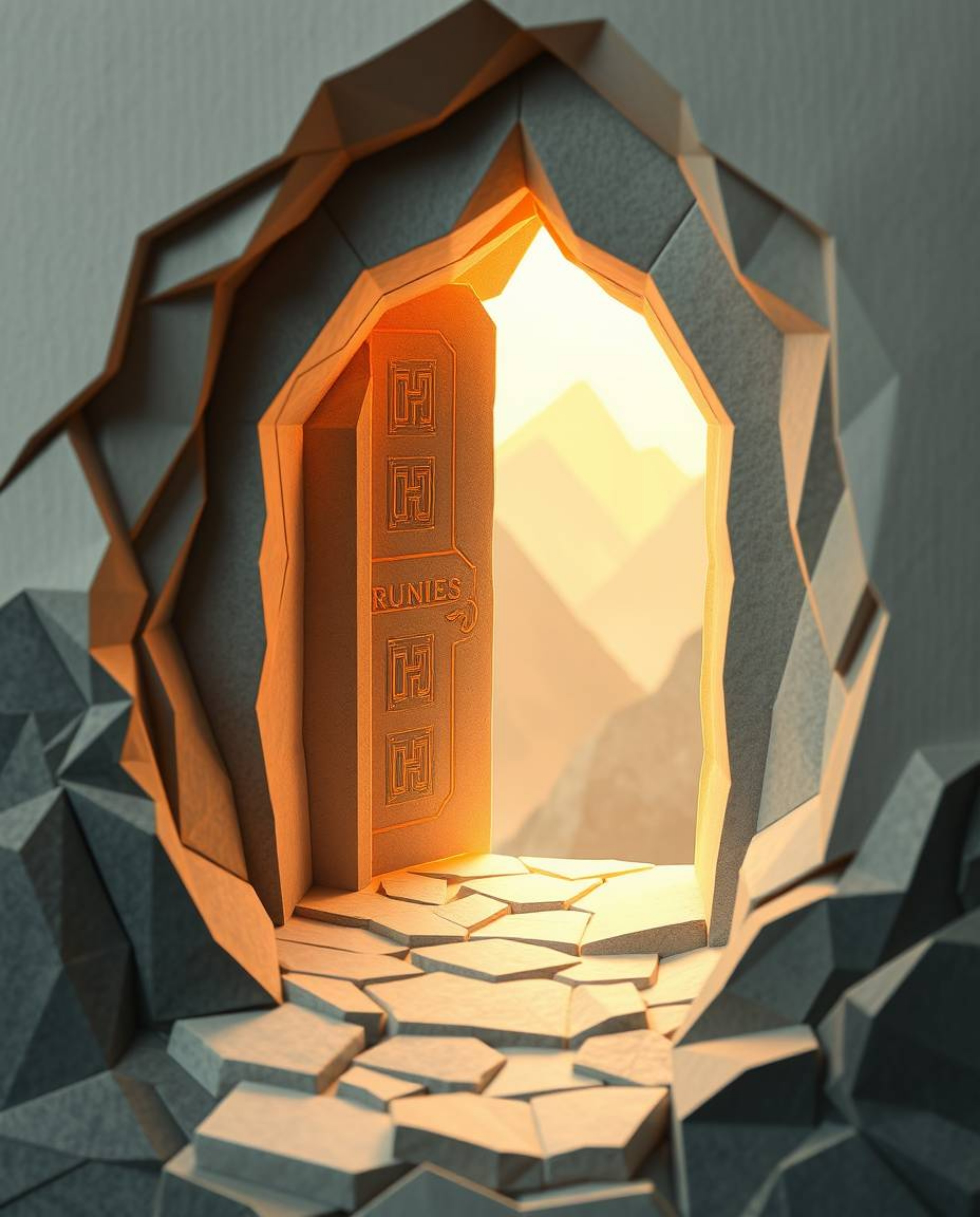 Explore an intricate origami-style close-up shot of an ancient doorway, embedded in a mountainside and illuminated with glowi