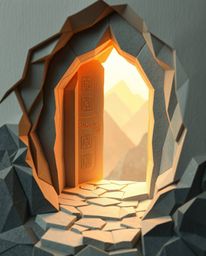 Explore an intricate origami-style close-up shot of an ancient doorway, embedded in a mountainside and illuminated with glowi