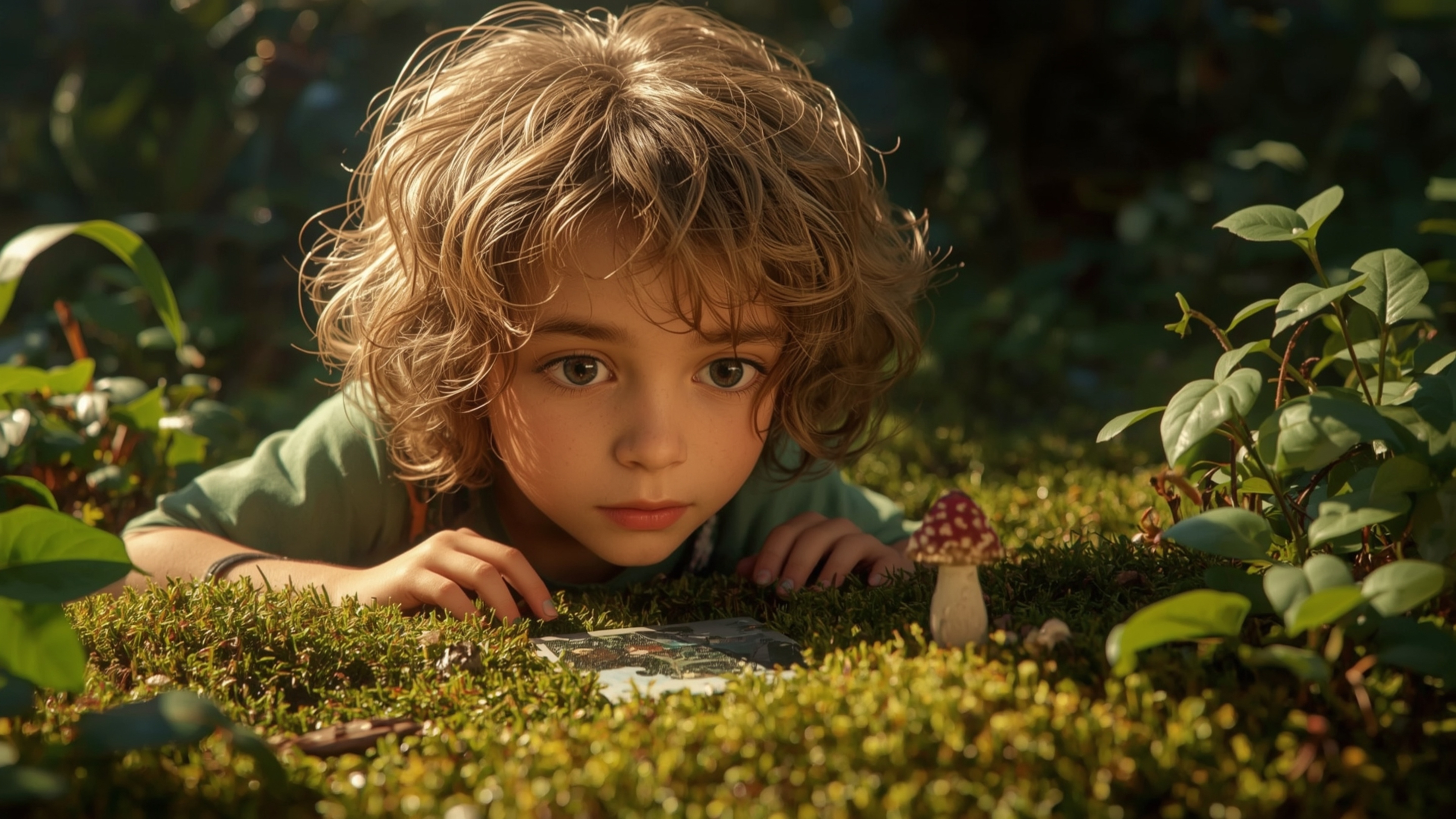 In a vibrant, cinematic photograph with a nostalgic, film-like grain, a bright-eyed, homeschooled genius with curly, honey-bl