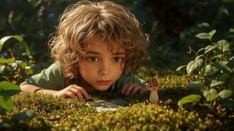 In a vibrant, cinematic photograph with a nostalgic, film-like grain, a bright-eyed, homeschooled genius with curly, honey-bl