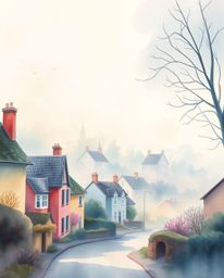 Discover a dreamy watercolor painting depicting a sleepy town, featuring pastel-colored houses bathed in soft light.  Gentle 