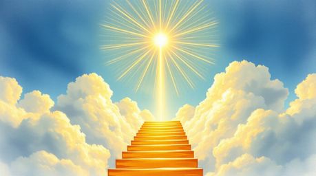A captivating color sketchnote portrays a graceful, golden staircase ascending through ethereal clouds towards a radiant heav