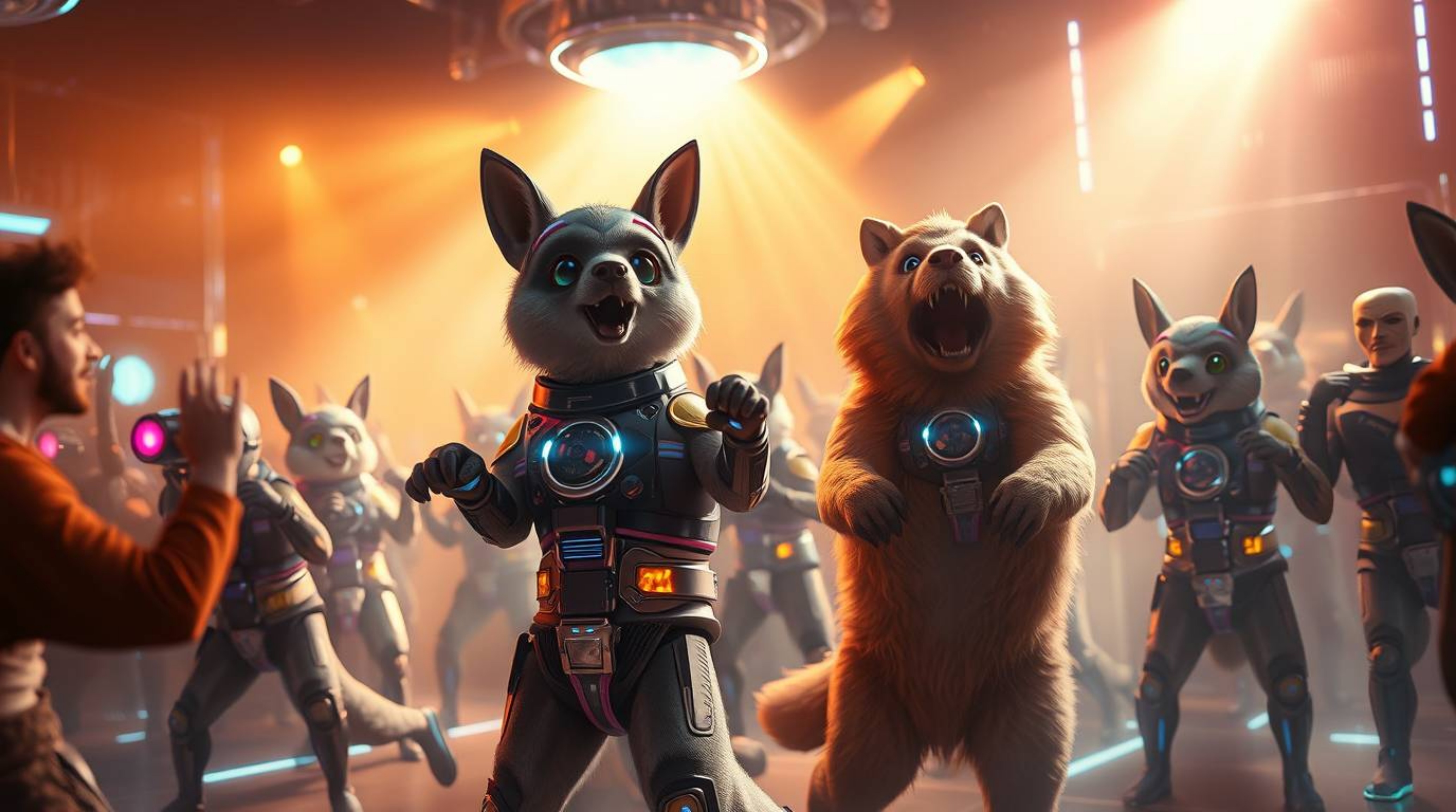 Experience a vibrant and futuristic animal dance party depicted in a stunning digital painting.  Immerse yourself in a scene 