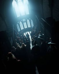 This image showcases a stunning high-angle view of a magical school teeming with young wizards, silhouetted against a brillia