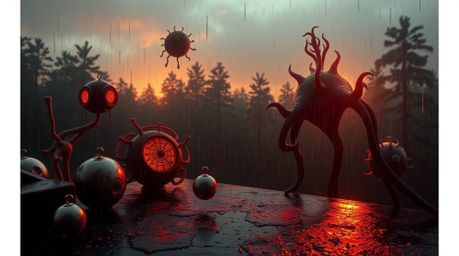 A captivating image depicting a dreamlike, surreal scene of a wet, rainy forest at sunset. Bizarre elements are scattered thr