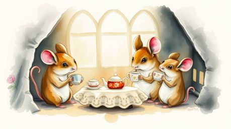 A delicate watercolor painting depicts anthropomorphic mice enjoying a tea party in a cozy cottage.  The artwork features hig