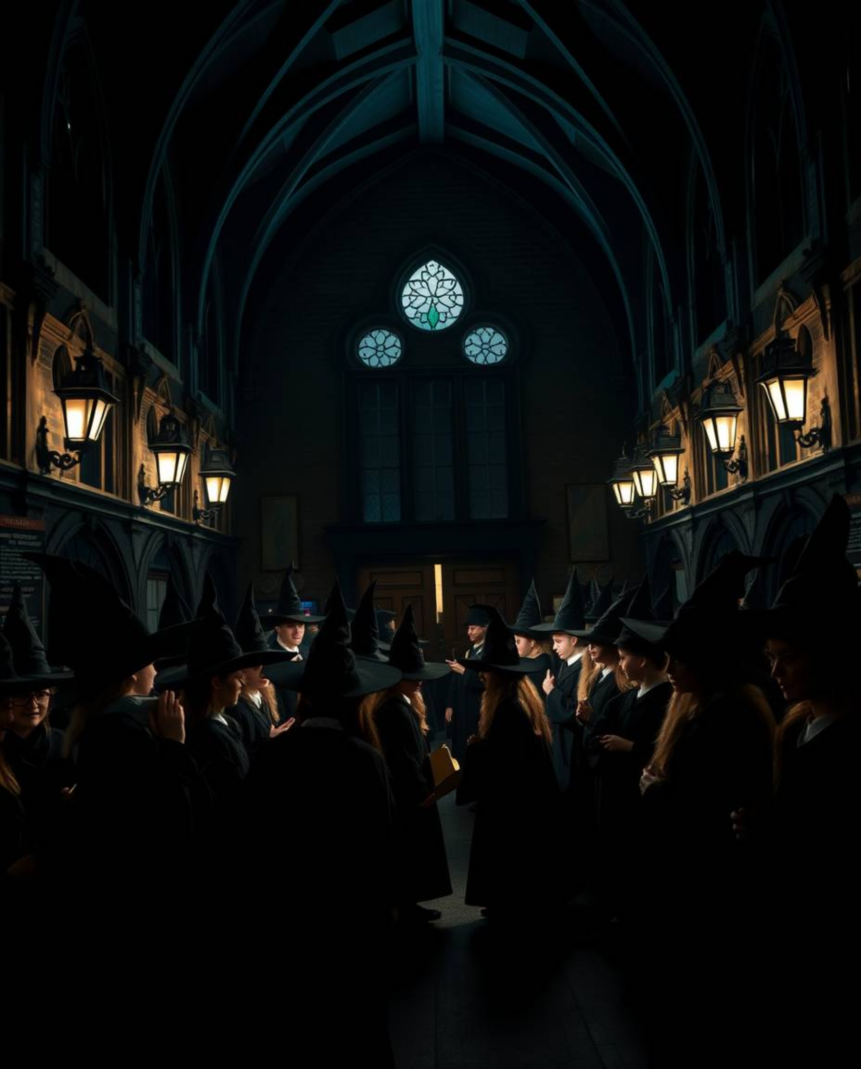 A captivating illustration depicts a magical school brimming with young wizards. Rendered in pure black with deep shadows and
