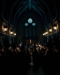 A captivating illustration depicts a magical school brimming with young wizards. Rendered in pure black with deep shadows and