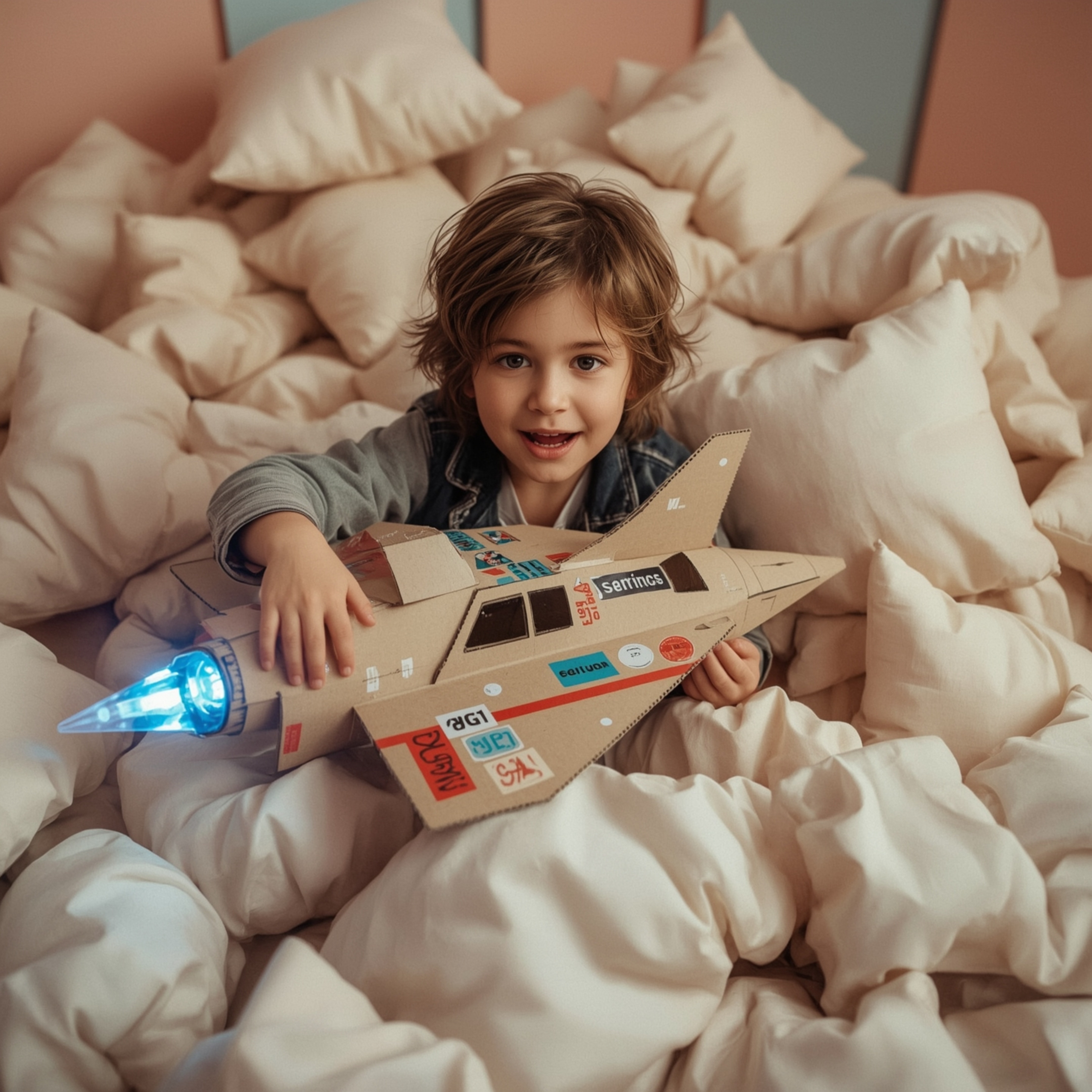 A captivating high-fashion photograph in the style of Pixar depicts a young boy with messy brown hair, bright eyes, and a sty