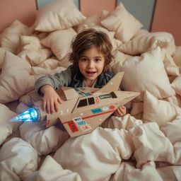 A captivating high-fashion photograph in the style of Pixar depicts a young boy with messy brown hair, bright eyes, and a sty