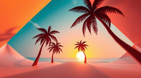 Experience a breathtaking low-angle view of a tropical beach sunset rendered in intricate origami style.  Palm trees sway gen