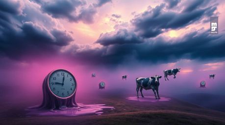 A captivating surreal dreamscape unfolds, featuring melting clocks and floating cows against a backdrop of intense, dramatic 