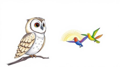 A heartwarming hand-drawn sketch in the style of Pixar depicts a gentle, blind owl with soft feathers teaching a classroom of