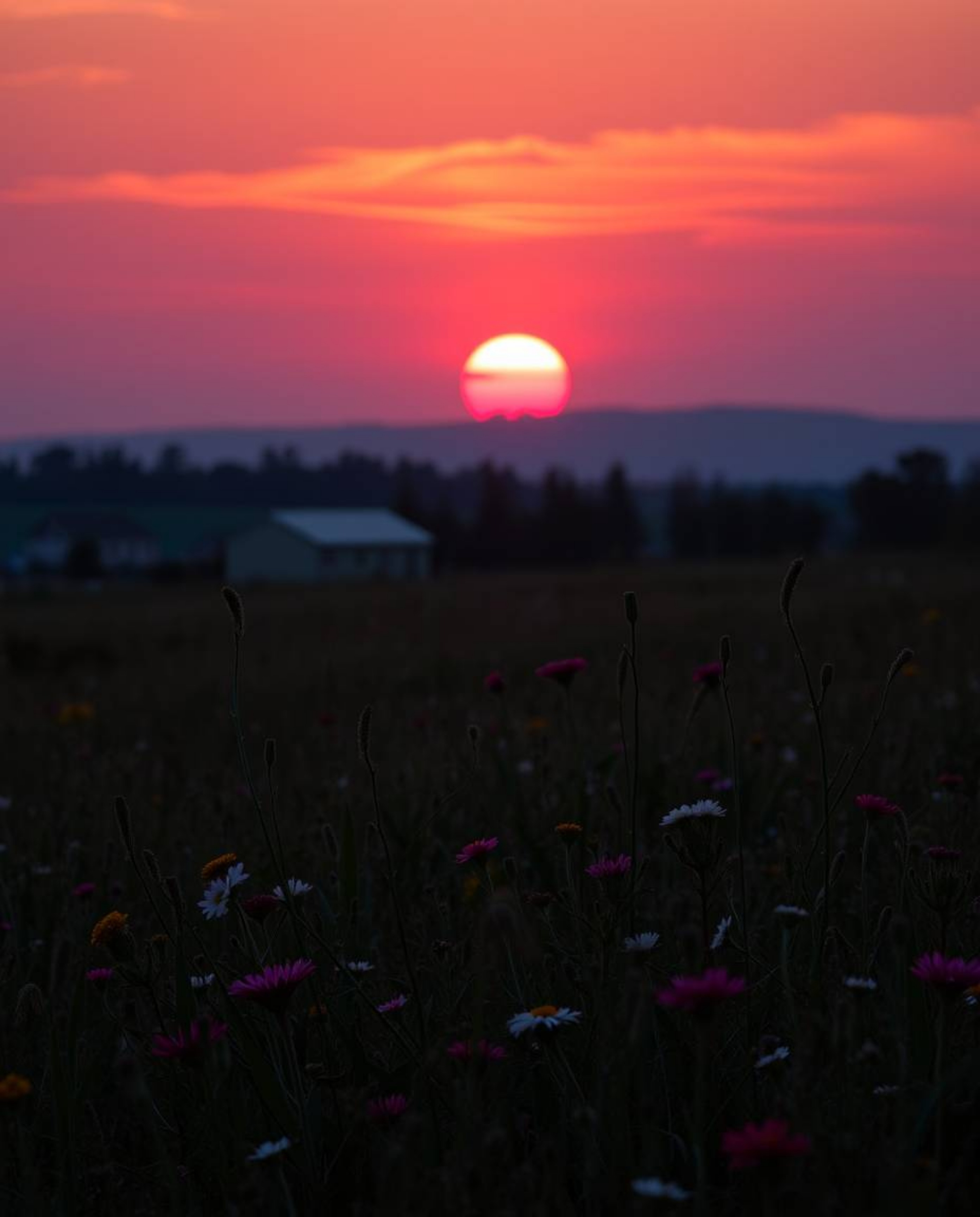 A sophisticated and elegant image capturing a stunning sunset over a spring wildflower meadow. The scene is characterized by 