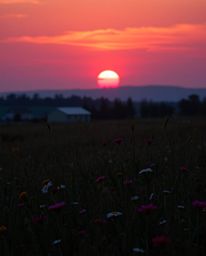 A sophisticated and elegant image capturing a stunning sunset over a spring wildflower meadow. The scene is characterized by 