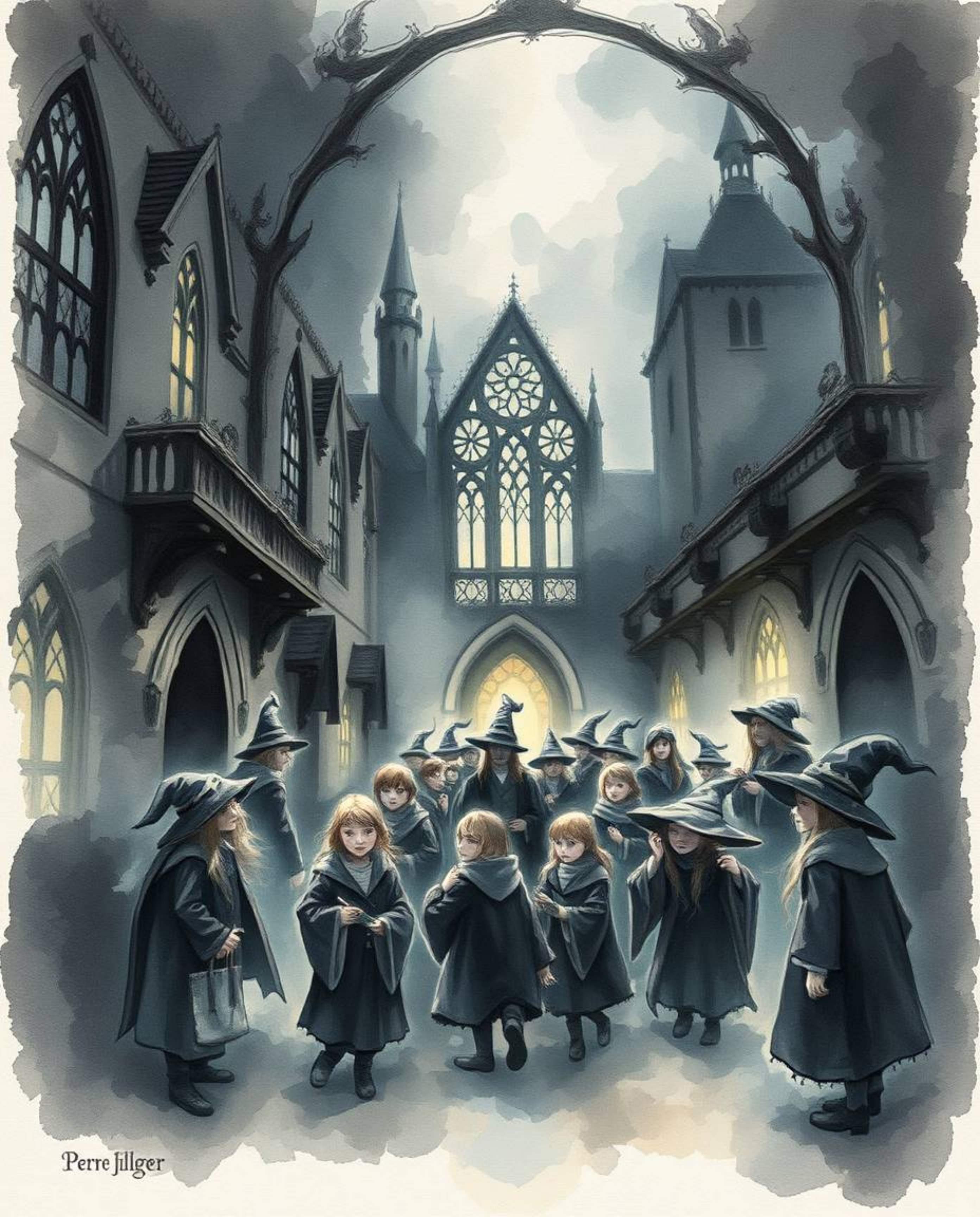 Discover a captivating watercolor painting depicting a magical school brimming with young wizards.  The artwork showcases tra
