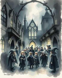 Discover a captivating watercolor painting depicting a magical school brimming with young wizards. The artwork showcases tra