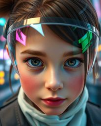 Discover a stunning Pixar-style image: an extreme macro close-up of a young inventor girl in a futuristic city.  The vibrant 