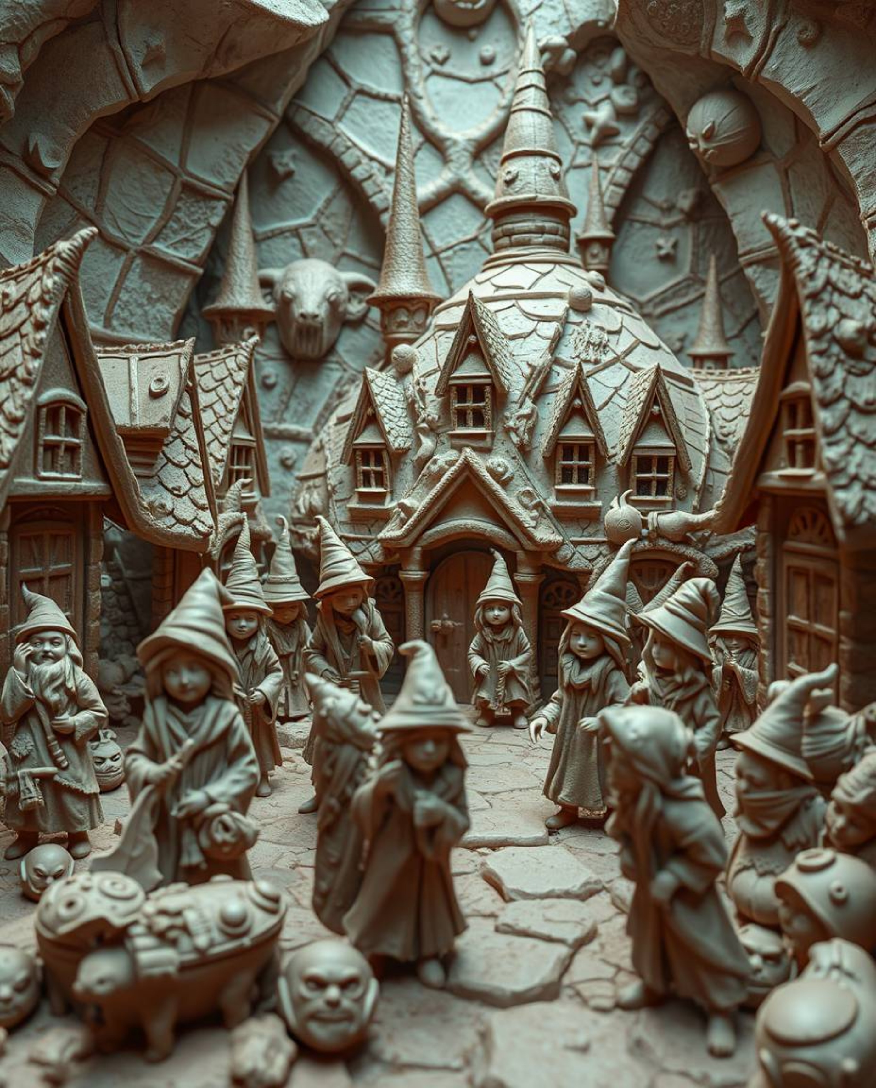 This surreal sculptural clay art depicts a magical school teeming with young wizards, rendered in captivating infrared tones 