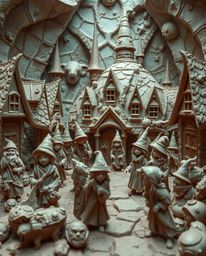 This surreal sculptural clay art depicts a magical school teeming with young wizards, rendered in captivating infrared tones 