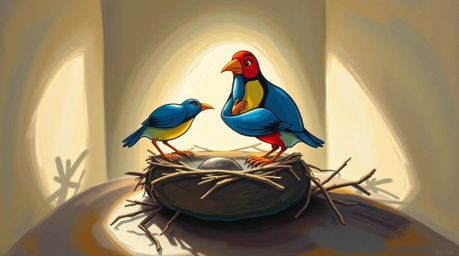 A vibrant acrylic painting depicting two cartoon birds diligently building a nest. Rendered in a classic animation style wit