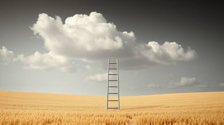 A minimalist scene featuring a silver ladder in an open field beneath a wide, cloudy sky serves as an abstract metaphor for o