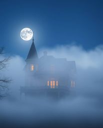 A fog-covered Victorian mansion is silhouetted against a moonlit sky, rendered in soft pastel colors. The backlighting create