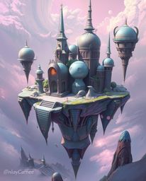 Explore a mesmerizing surreal floating island boasting strange and intricate architecture bathed in iridescent colors. This d