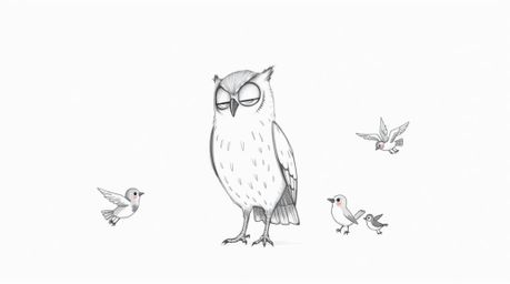 A hand-drawn sketch in the style of Pixar featuring a blind owl, rendered with soft pencil strokes against a clean white back