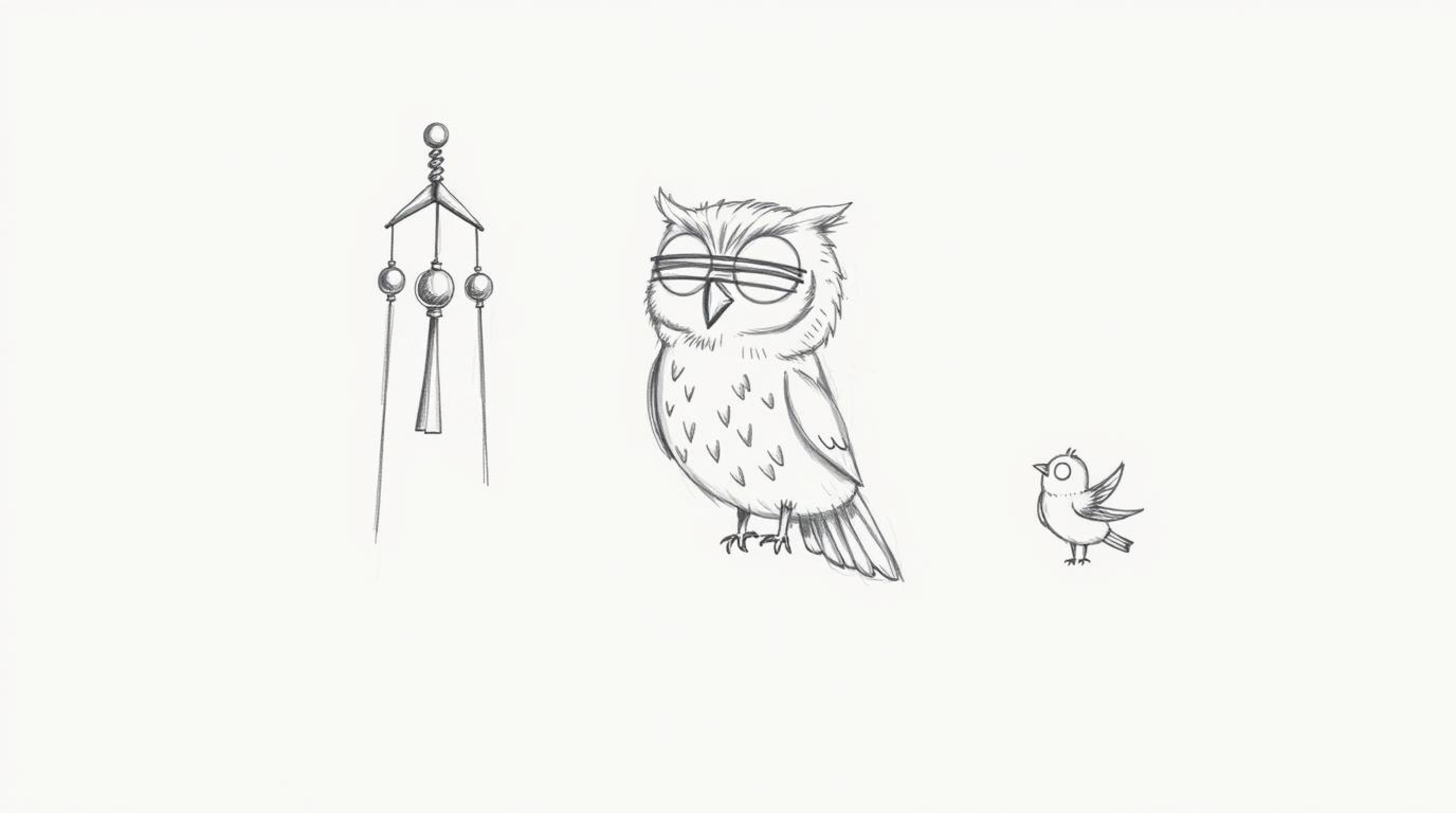 A whimsical hand-drawn sketch, reminiscent of Pixar's style, depicts a wise, blind owl with soft, feathery textures. The owl,