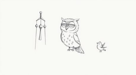 A whimsical hand-drawn sketch, reminiscent of Pixar's style, depicts a wise, blind owl with soft, feathery textures. The owl,