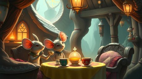 Discover a breathtaking digital painting depicting anthropomorphic mice enjoying a tea party in a cozy, futuristic cottage.  