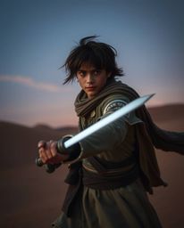 Embark on a mystic desert adventure with a brave hero captured in a Disney-style long exposure photograph. Gentle color contr