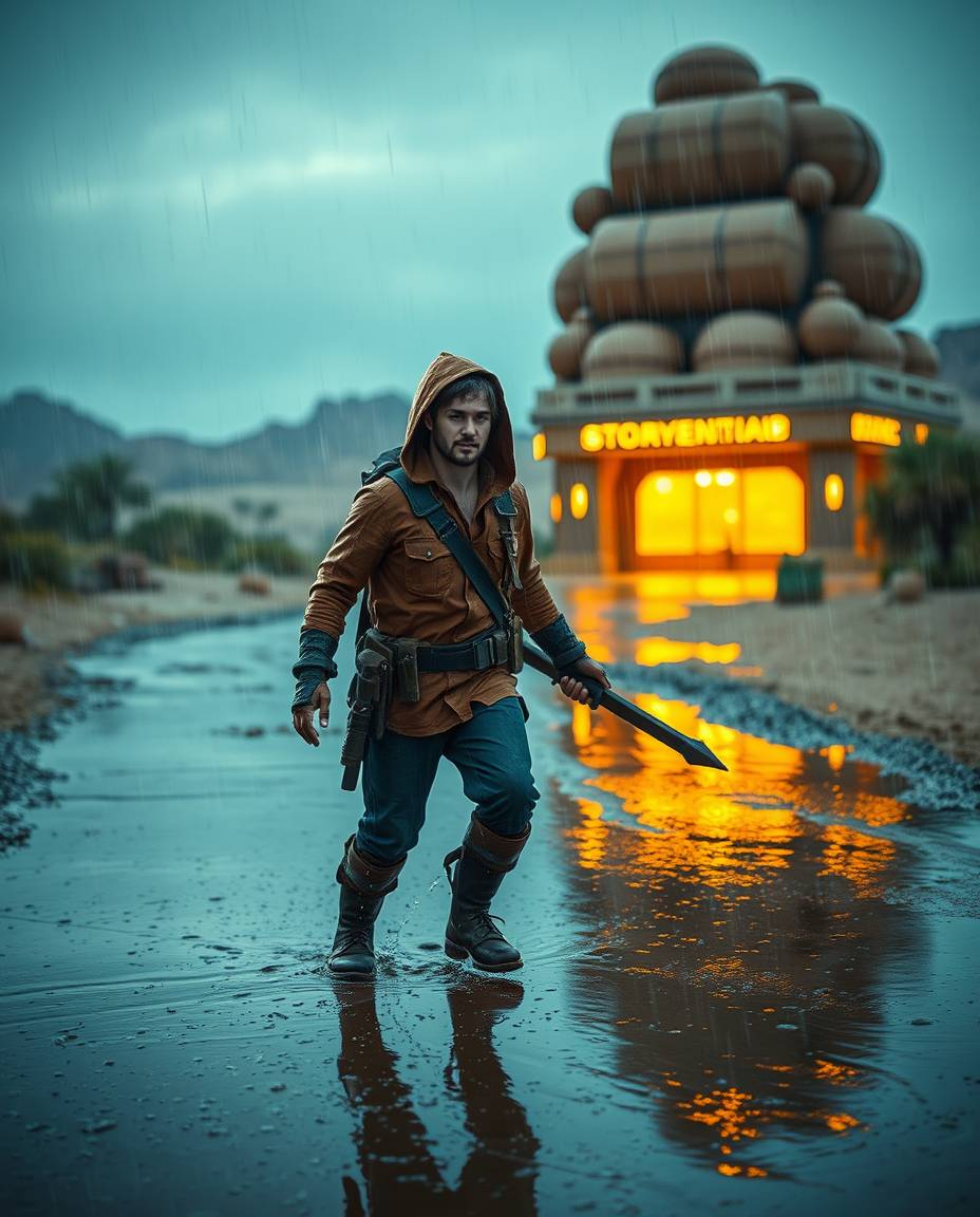 A brave hero embarks on a thrilling Disney-style desert adventure amidst a mesmerizing wet and rainy scene.  Experience vibra
