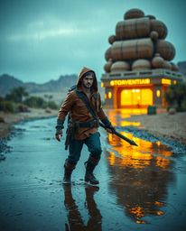 A brave hero embarks on a thrilling Disney-style desert adventure amidst a mesmerizing wet and rainy scene.  Experience vibra