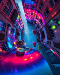 A captivating surreal street scene viewed from above, showcasing buildings that fold and twist in impossible ways.  Iridescen
