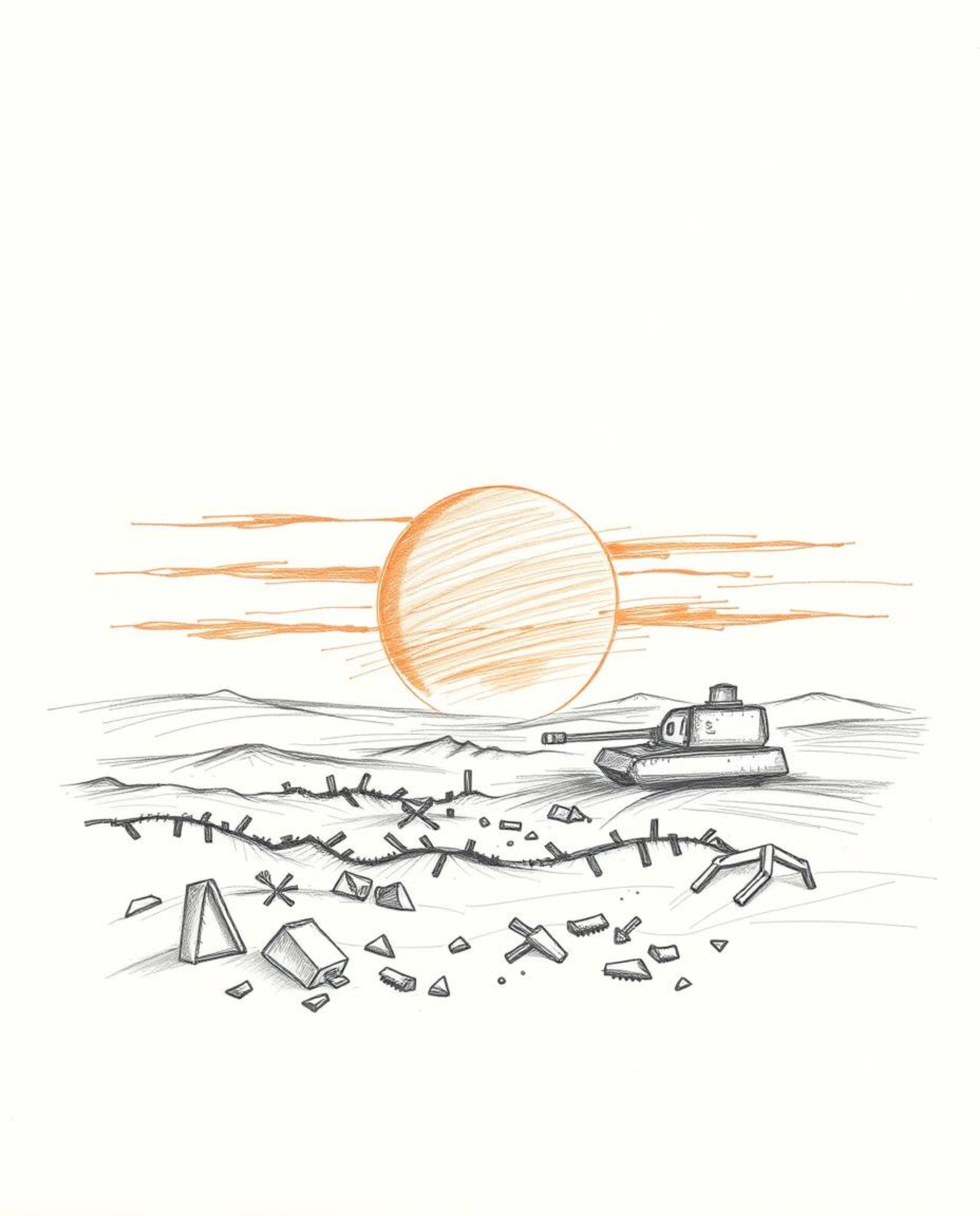 A captivating hand-drawn sketch depicts a sunrise over a war-ravaged landscape.  The artwork utilizes rough lines and texture