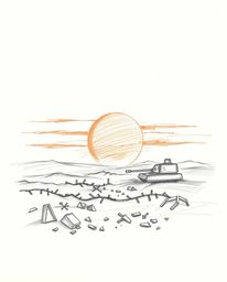 A captivating hand-drawn sketch depicts a sunrise over a war-ravaged landscape.  The artwork utilizes rough lines and texture