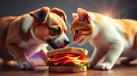 An extreme close-up macro photograph captures the intense struggle between a dog and cat as they battle over a delicious sand