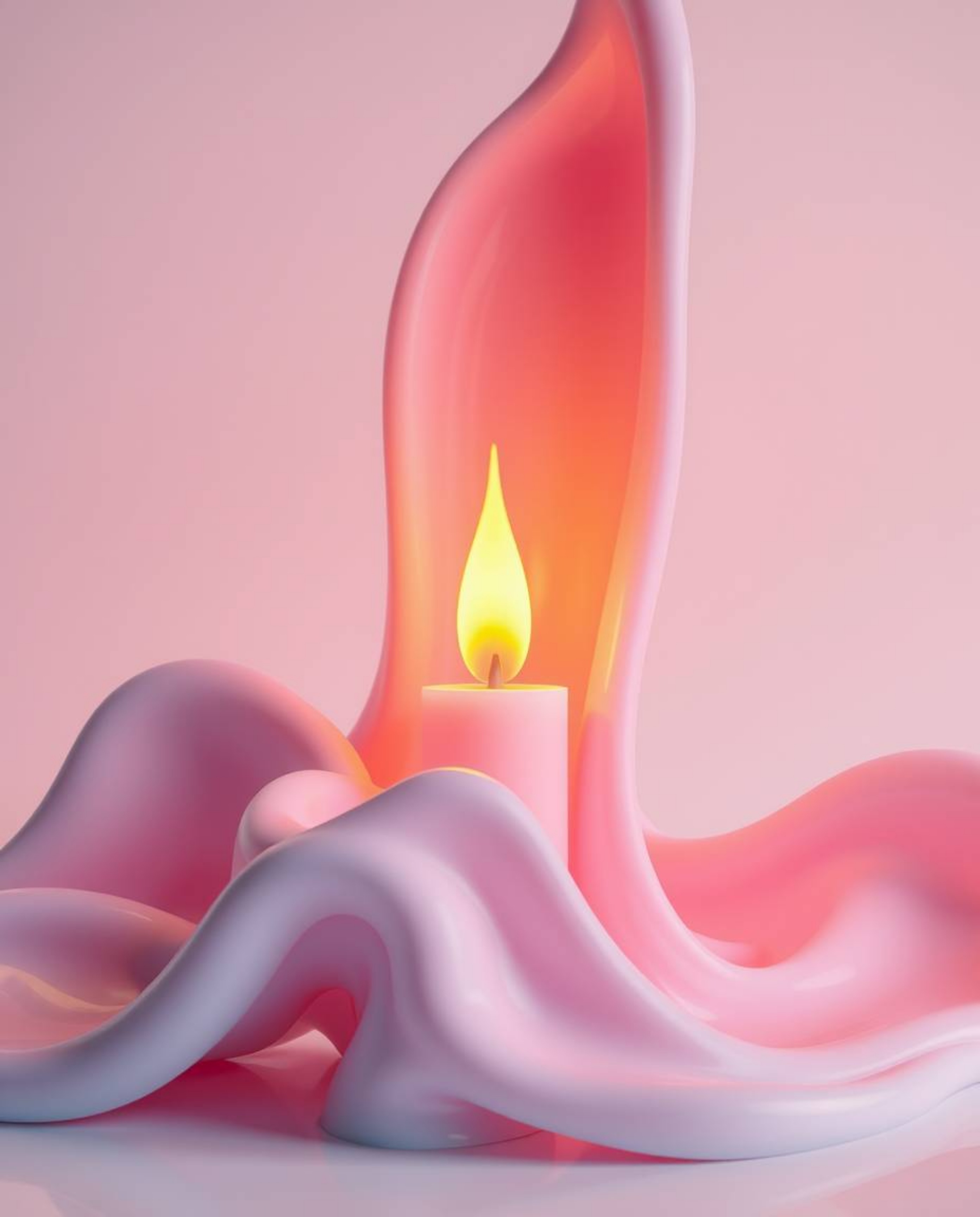 Capture the essence of warm candlelight illuminating abstract liquid forms in 3D. This architectural color photography showca