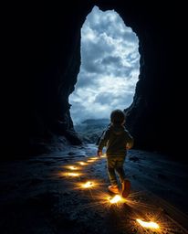 A captivating long exposure photograph depicts a child, intentionally blurred by motion, embarking on an intriguing journey i